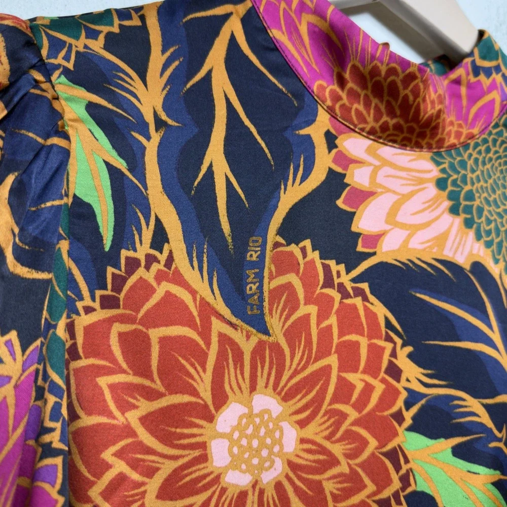 Farm Rio Women Top Small Multicolor Vintage Garden Satin Mock Neck Puff Sleeve